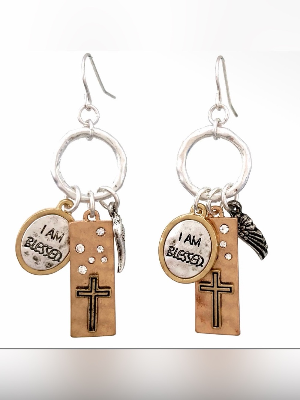 NWT I AM BLESSED Wing Cross Charm Drop Earrings Copper Silver & Gold